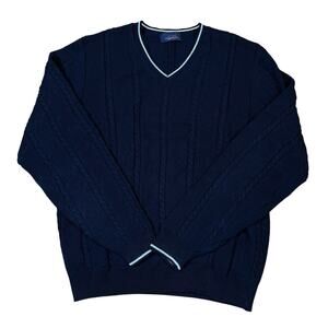 VTG Brooks Brothers Golf L Cable Knit Sweater Navy Blue Cotton USA Made V-Neck